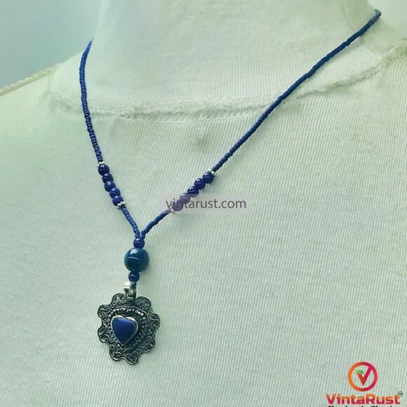 Blue Beaded Necklace with Silver Heart Lapis Pendant, Unique Beaded Necklace - Picture 6 of 11